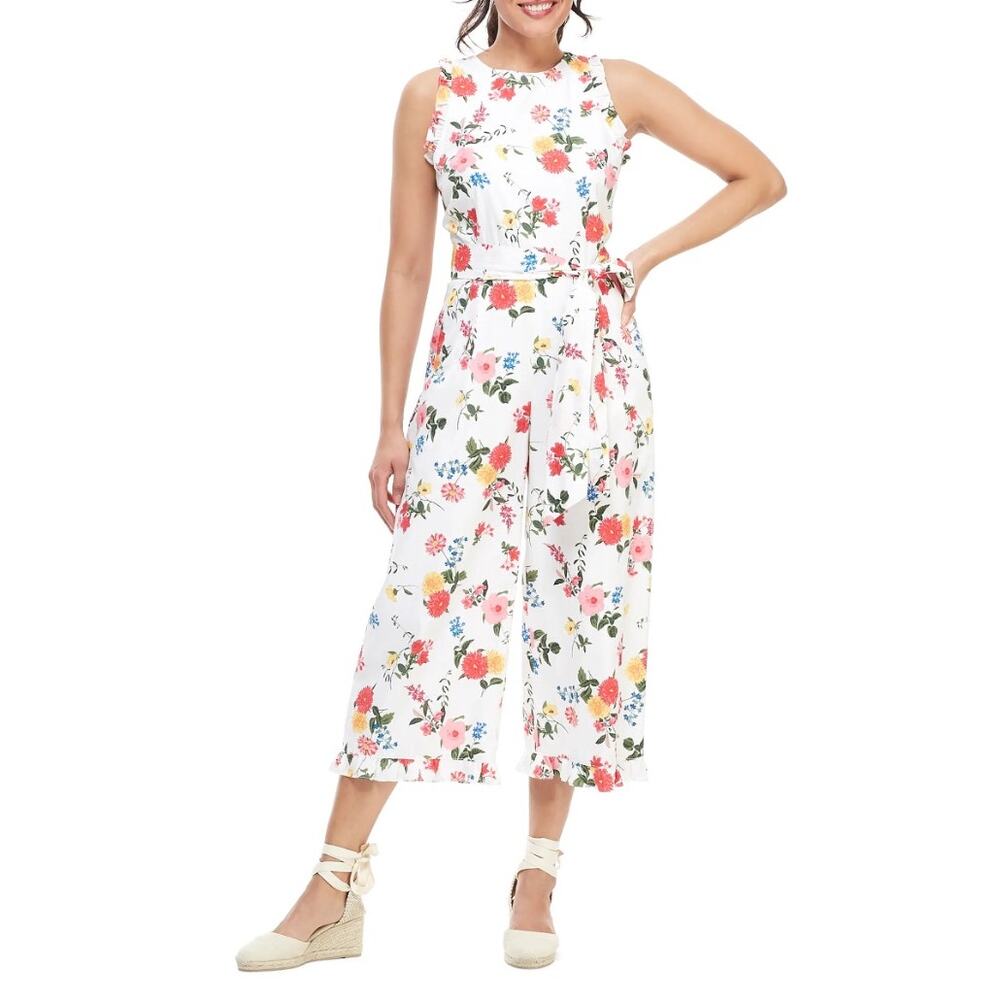 Gal Meets Glam Beverly Ruffle Floral Cotton Wide Leg Cropped Jumpsuit White 4 - Picture 2 of 16